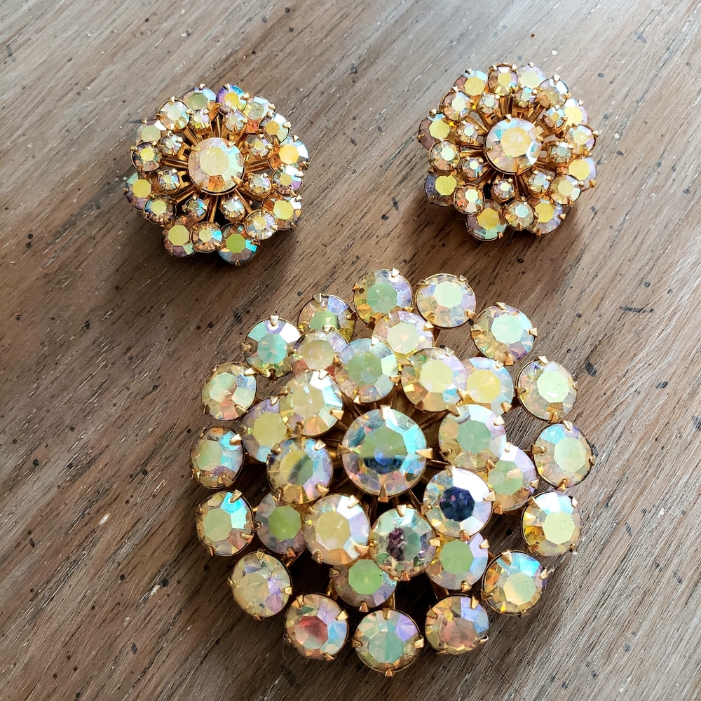 Vintage Aurora Borealis Brooch and Earrings Set